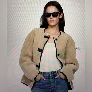 Mango Beige Teddy Jacket with Black Trim